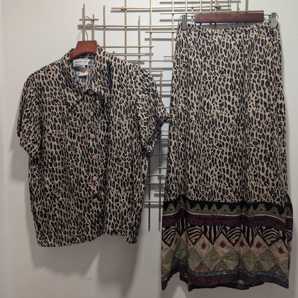 Vtg Matching Set Skirt Blouse Brown Leopard Print Tribal Border Sz L Artsy USA